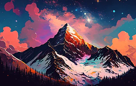 艺术 山 雪 绘画 自然 星星 天空 云 4K壁纸