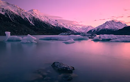 自然 风景 山脉 雪山 雪 冰 岩石 水 天空 云 急流 黎明 湖 4K壁纸