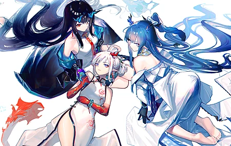三人组 弯曲 脚 长头 动画 动漫 女孩 明日方舟 连衣裙 龙女孩 龙角 龙尾 兽耳 旗袍 4K壁纸