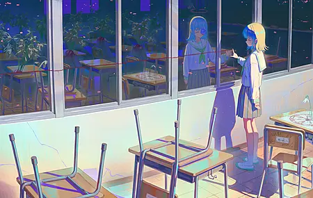 女学生 动漫 女孩 校服 反光 教室 窗户 蓝玫瑰 4K壁纸