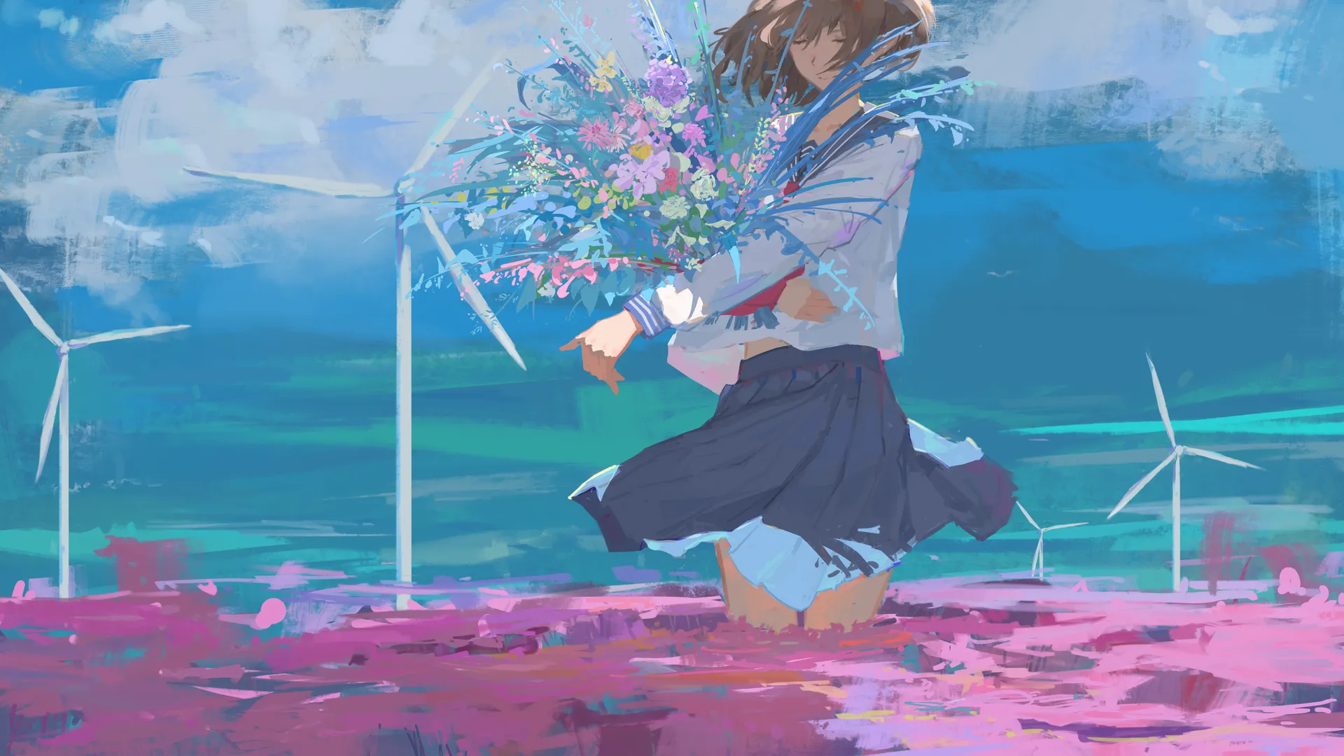 原创 人物 短发 闭眼 深色头发 动漫 女孩 鲜花 水手制服 风车 4K壁纸