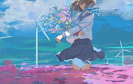 原创 人物 短发 闭眼 深色头发 动漫 女孩 鲜花 水手制服 风车 4K壁纸