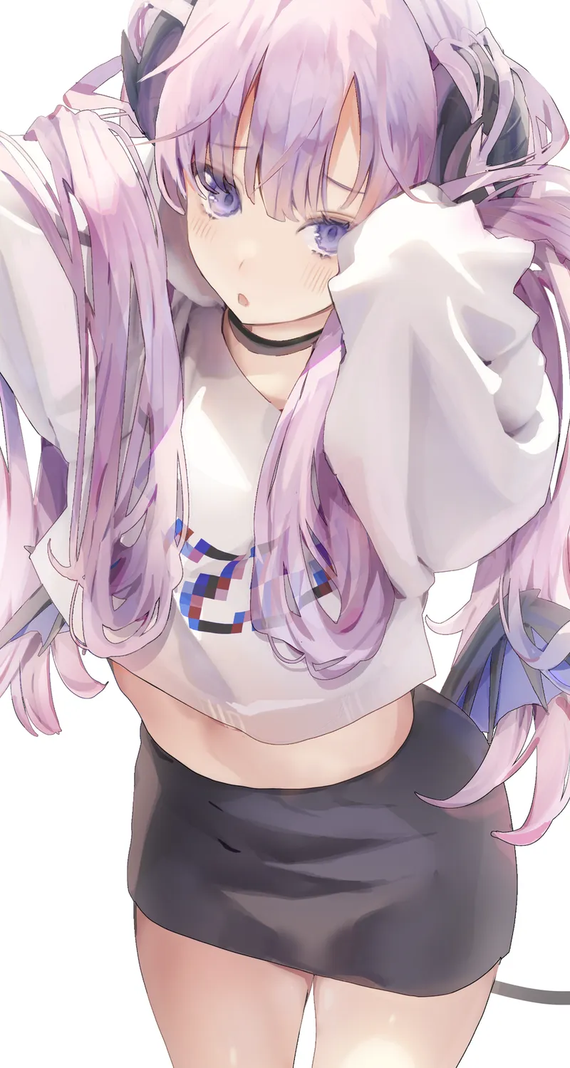紫色头发 妖女 吉玛 动漫 女孩 紫色眼睛 妖魔 恶魔尾巴 白色背景 简单背景 手机壁纸 4K壁纸
