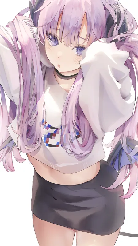 紫色头发 妖女 吉玛 动漫 女孩 紫色眼睛 妖魔 恶魔尾巴 白色背景 简单背景 手机壁纸 4K壁纸