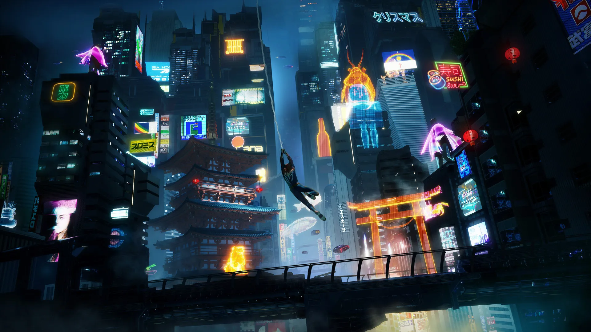 AI艺术 插图 蜘蛛侠 漫威 漫画 虚幻引擎 城市 景观 夜晚 建筑 摩天大楼 人物设计 灯光 4K壁纸