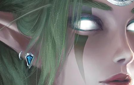 女人 精灵 长发 卷发 绿色头发 绘画 暗夜精灵 魔兽 明亮 发光眼睛 新月 皇冠 肖像 脸部彩绘 手机壁纸 4K壁纸