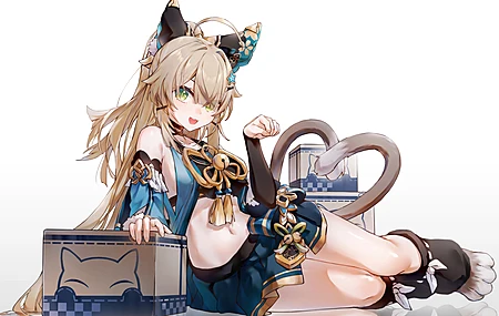 猫女孩 肚皮 肚脐 长发 侧卧 绿色眼睛 动漫 女孩 猫耳朵 猫尾巴 极简主义 白色背景 简单背景 倒影 铃声 原神 4K壁纸