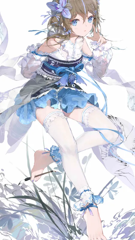 菩提 蓝眼睛 脚 动漫 女孩 长袜 白色背景 极简主义 手机壁纸 4K壁纸