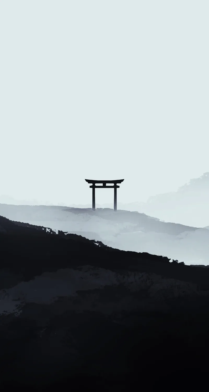 数字艺术 艺术品 插图 风景 单色 极简主义 鸟居 山脉 数字 绘画 手机壁纸 4K壁纸