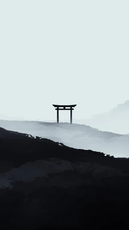 数字艺术 艺术品 插图 风景 单色 极简主义 鸟居 山脉 数字 绘画 手机壁纸 4K壁纸