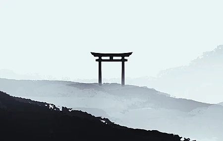 数字艺术 艺术品 插图 风景 单色 极简主义 鸟居 山脉 数字 绘画 手机壁纸 4K壁纸