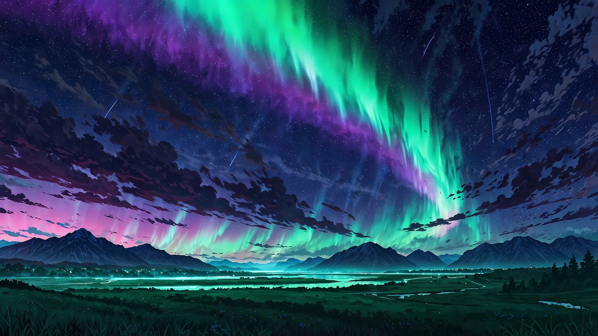 极光 风景 流星 山脉 4K壁纸