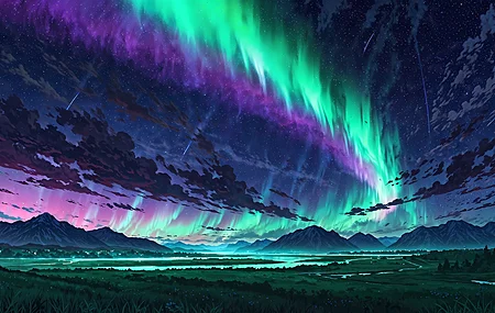 极光 风景 流星 山脉 4K壁纸