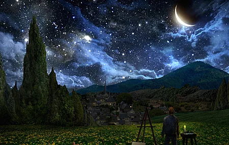 梵高 画家 星夜 新月 星星 风景 4K壁纸