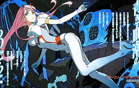 苍白 粉色头发 动漫 女孩 零二 蓝色 DARLING 4K壁纸