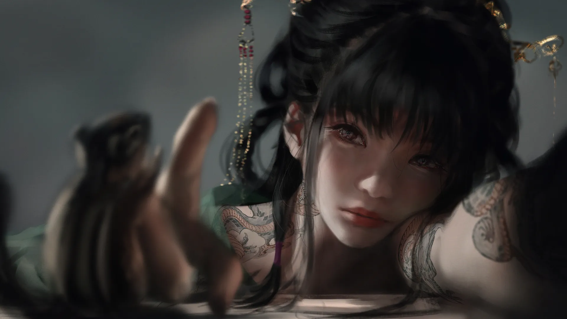 女人 幻想 女孩 脸  墨水 幻想艺术 AI艺术 黑发 8K壁纸