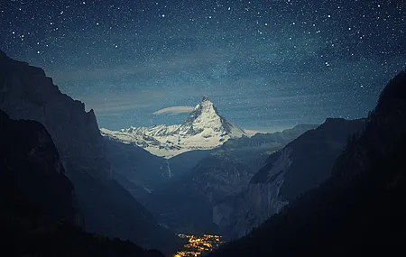 星星 空间 云 山 雪峰 雪 风景 自然 天空 4K壁纸