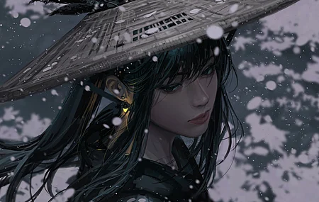 原创 人物 黑发 数码绘画 素描 帽子 草帽 雪 羽毛 风 肖像 4K壁纸