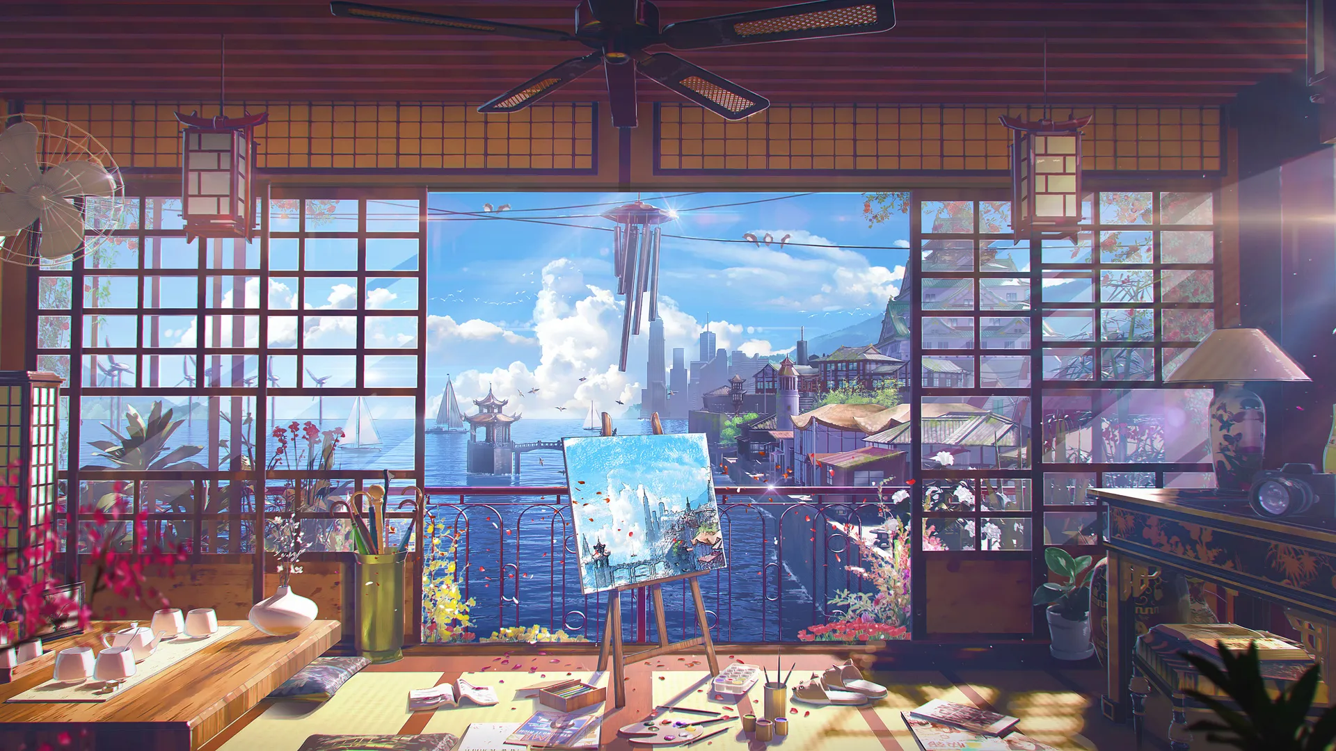 跆拳道 房屋 绘画 帆布 扇子 海滨 灯 阳光 室内 花瓶 花盆 画架 电线 风铃 花瓣 天空 阳台 大海 灯 云 4K壁纸