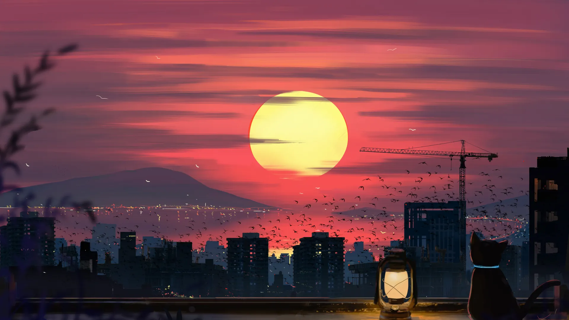 于净 猫 灯笼 建筑 屋顶 起重机 机器 山 天际线 太阳 夕阳 水 云 城市 景观 风景 鸟 4K壁纸