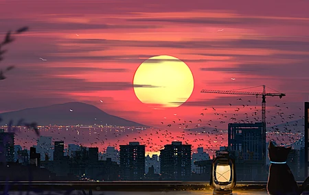 于净 猫 灯笼 建筑 屋顶 起重机 机器 山 天际线 太阳 夕阳 水 云 城市 景观 风景 鸟 4K壁纸