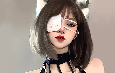 深色皮肤 脸部 女性 齐肩头发 红色 口红 AI艺术 极简主义 简单背景 眼罩 毛茸茸 耳朵 兽耳 4K壁纸