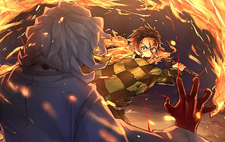 动漫 AI艺术 艺术作品 战斗 动漫 男孩 火 武士 恶魔 水之呼气 炭治郎 鬼灭之刃 鬼杀队 火之神神乐 神乐舞 灶门 4K壁纸