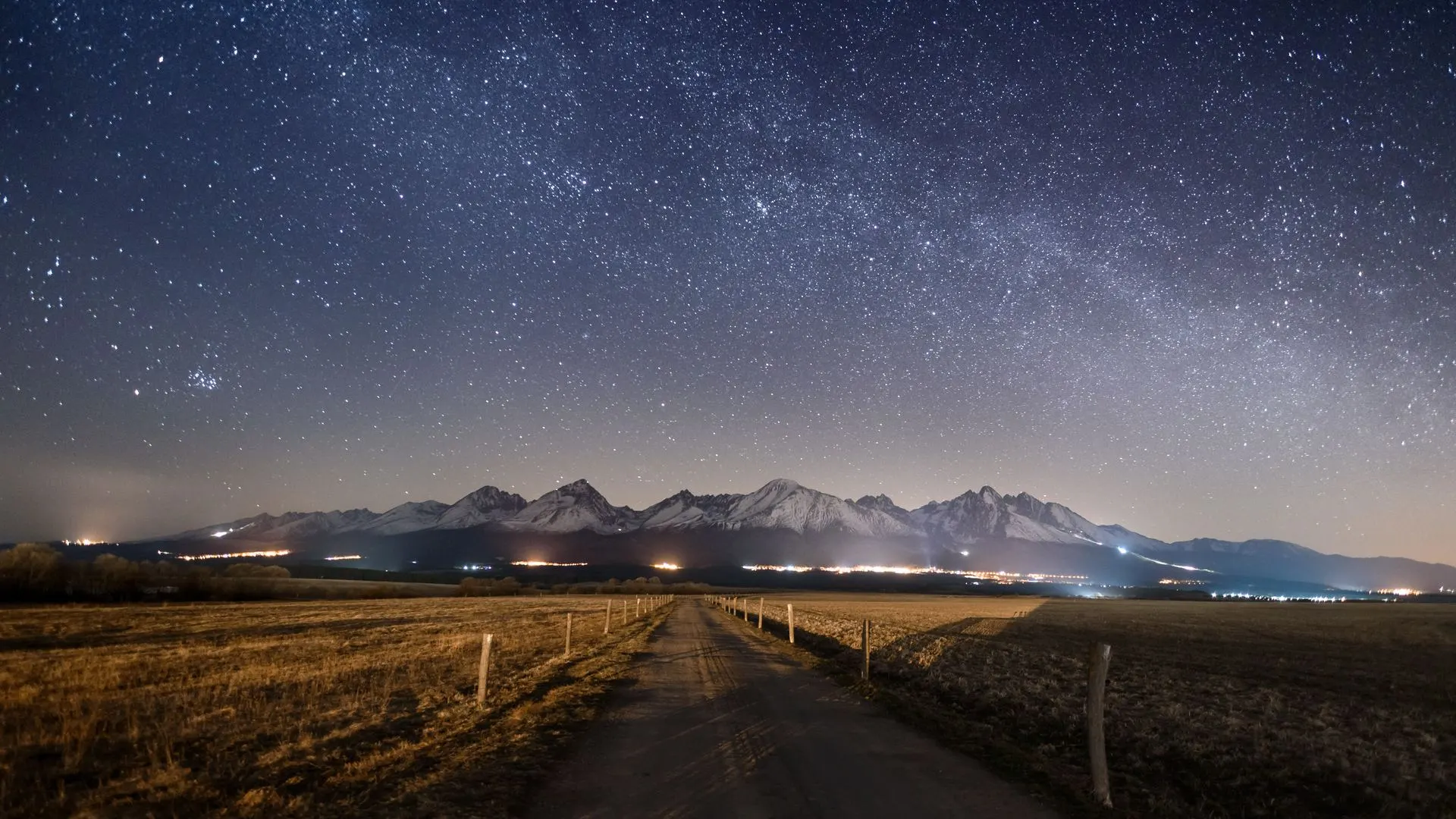 星星 繁星 夜 风景 山脉 夜空 天空 道路 4K壁纸