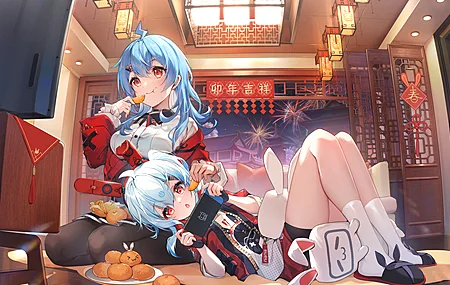 女孩 兔耳朵 烟花 新年 动漫 女孩 橙子 水果 吃 耳机 2233娘 22娘 33娘 4K壁纸