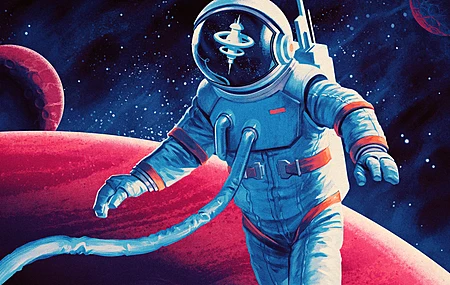 宇航员 插图 科幻小说 复古 科幻 小说 倒影 空间站 太空 行星 恒星 蒸汽 4K壁纸