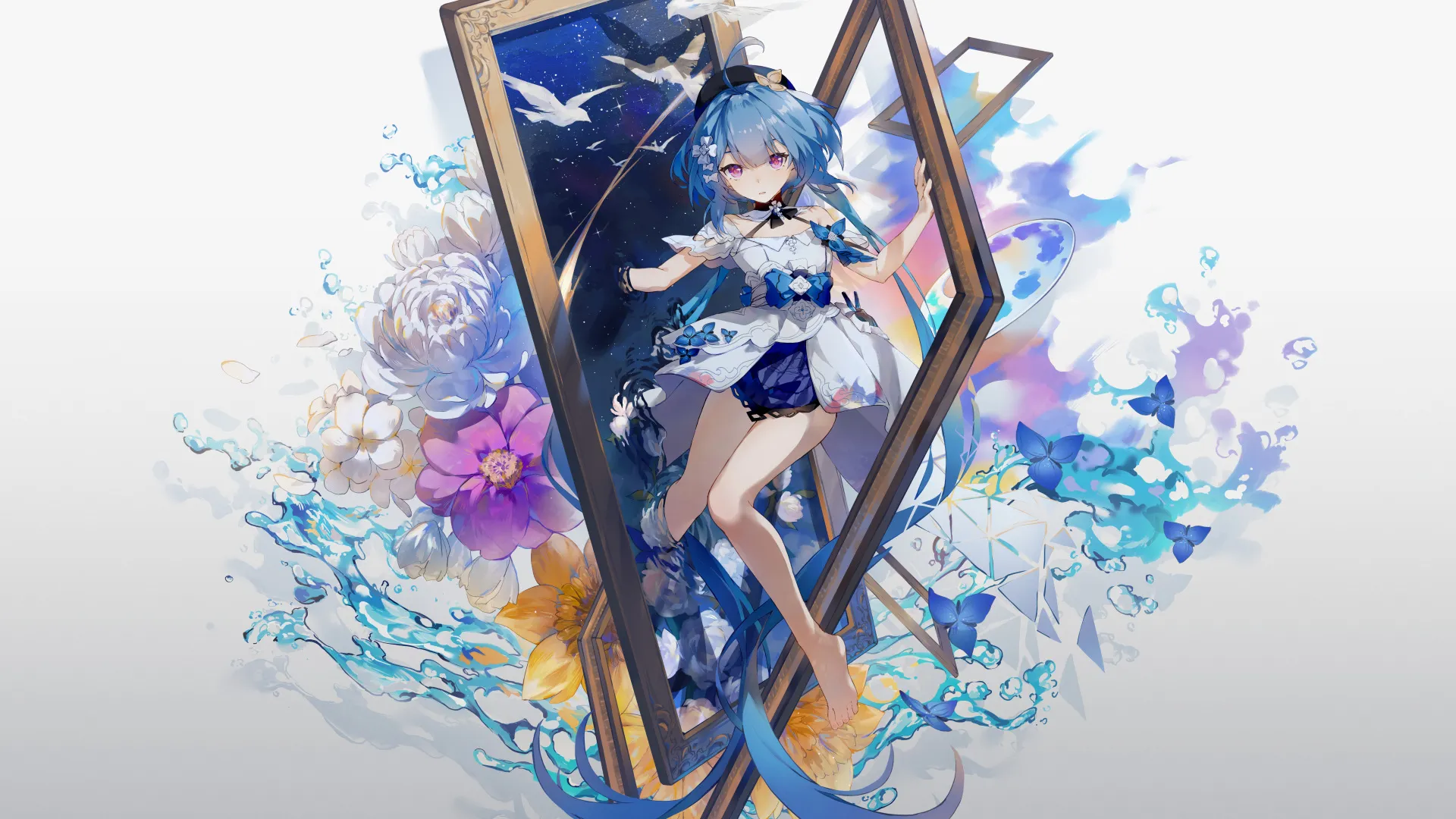 蓝色头发 赤脚 动漫 女孩 紫色眼睛 白色 连衣裙 绘画 帽子 水 花 白色背景 简单背景 8K壁纸