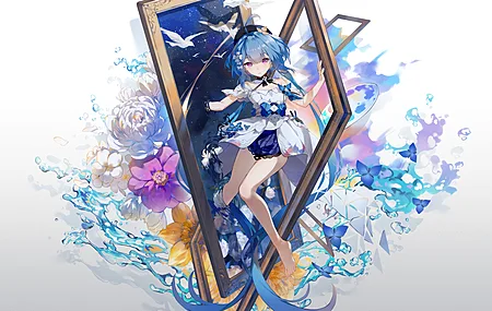 蓝色头发 赤脚 动漫 女孩 紫色眼睛 白色 连衣裙 绘画 帽子 水 花 白色背景 简单背景 8K壁纸