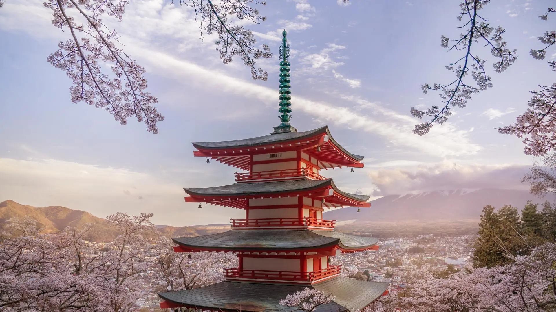 摄影 风景 樱花 花 自然 山 云 宝塔 建筑 4K壁纸