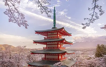 摄影 风景 樱花 花 自然 山 云 宝塔 建筑 4K壁纸