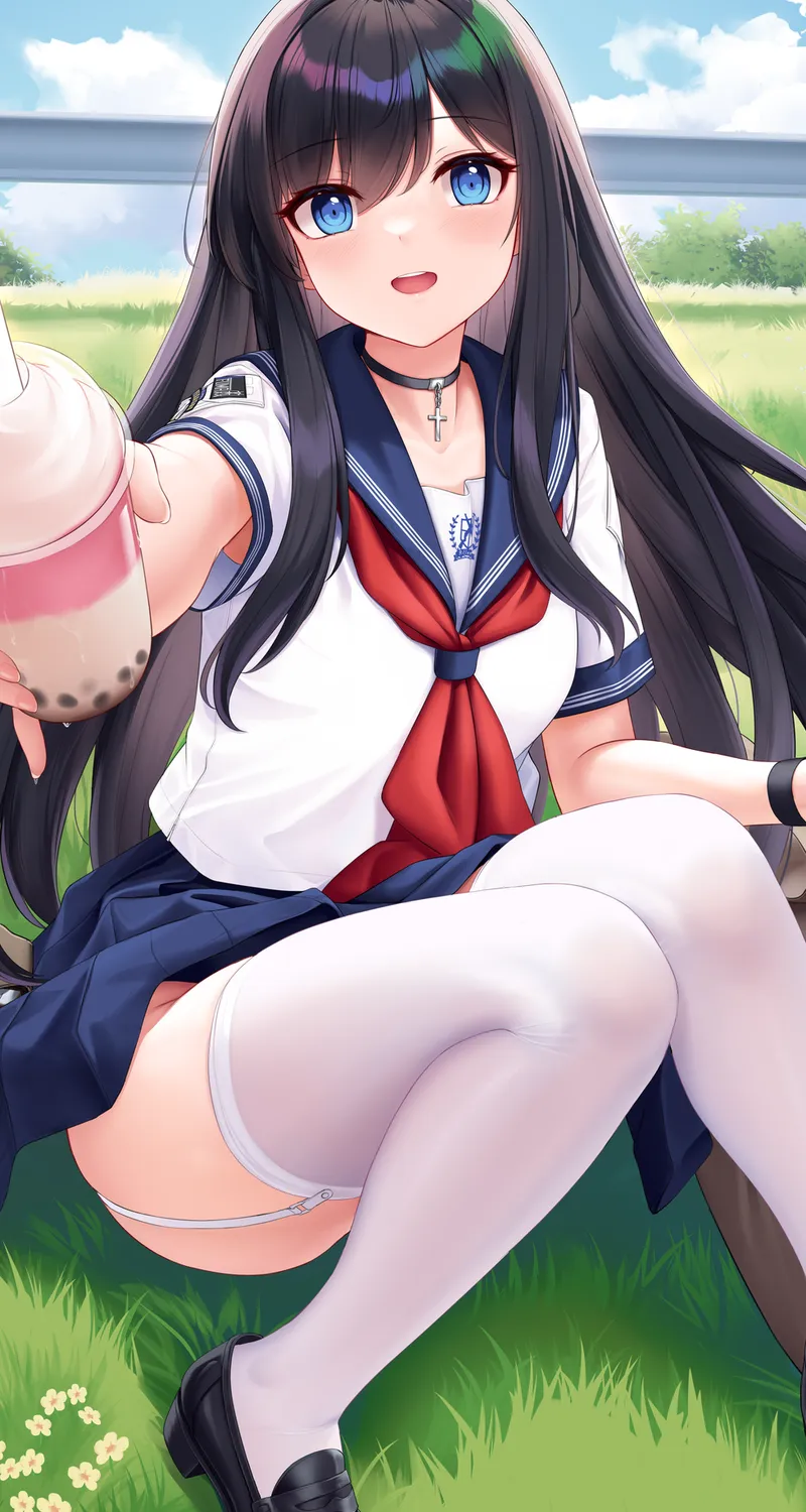 长发 女学生 蓝眼睛 动漫 女孩 饮料 校服 枪 袜子 吊袜带 草 项链 云 花 包 手机壁纸 4K壁纸
