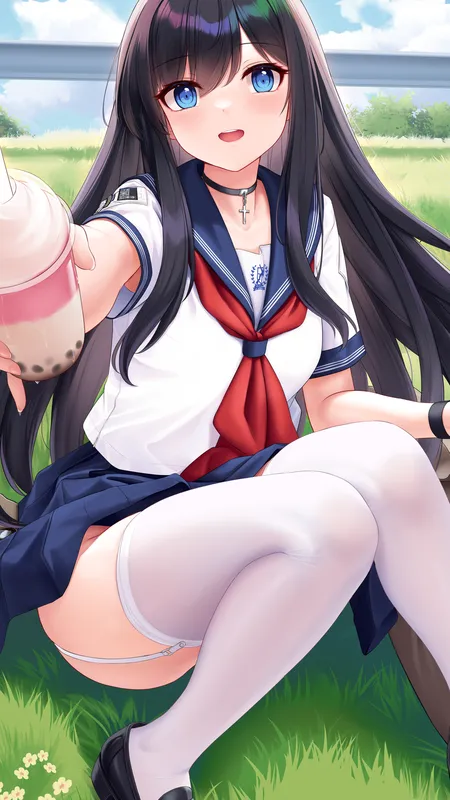 长发 女学生 蓝眼睛 动漫 女孩 饮料 校服 枪 袜子 吊袜带 草 项链 云 花 包 手机壁纸 4K壁纸