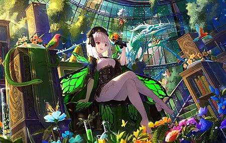 金发 红眼睛 坐着 动漫 女孩 蛇 花 蝴蝶 翅膀 鸟 帽子 数码艺术 裤袜 4K壁纸