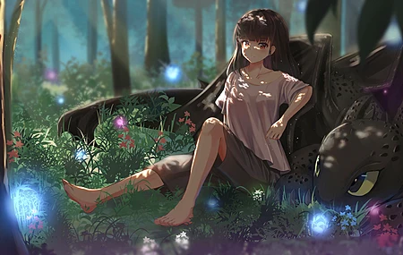原创 人物 赤脚 黑发 动漫 女孩 森林 鲜花 恤 短裤 龙宝宝 龙 小龙 4K壁纸