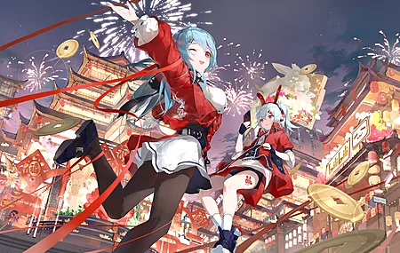女孩 动漫 少女 烟花 电话 城市 灯光 新年 年 2233娘 22娘 33娘 8K壁纸