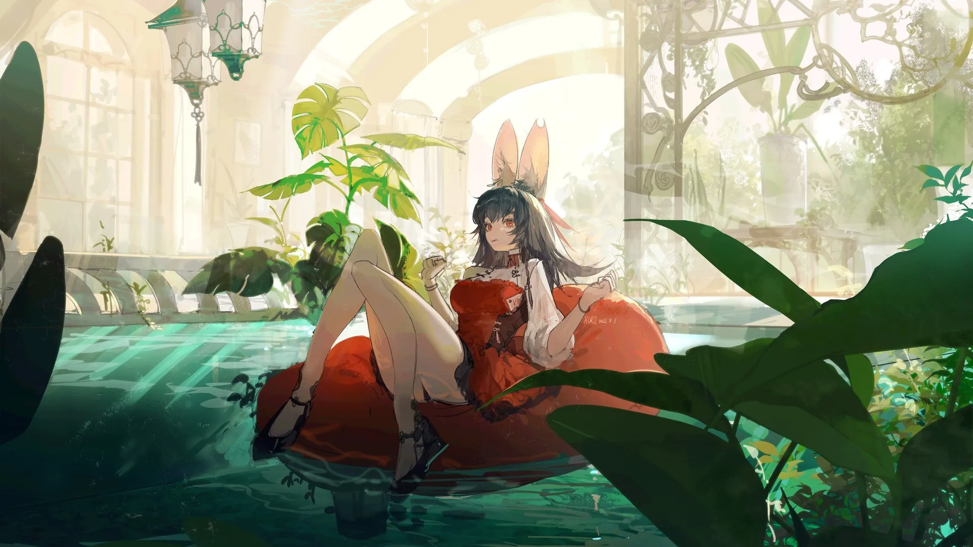 原创 人物 栗色 橙色眼睛 动漫 女孩 兽耳 黑发 连衣裙 泳池 泳泳圈 兔耳 4K壁纸