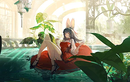 原创 人物 栗色 橙色眼睛 动漫 女孩 兽耳 黑发 连衣裙 泳池 泳泳圈 兔耳 4K壁纸