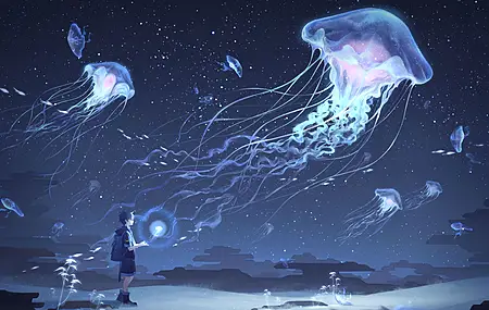 水母 夜晚 天空 云 星星 鱼 明亮 发光 4K壁纸