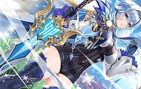 蓝头发 动漫 女孩 尤拉 原神 黄眼睛 剑 武器 4K壁纸
