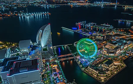 景观 城市 天际线 夜晚 灯光 水 树木 码头 远景 无人机 照片 摩天轮 夜景 4K壁纸
