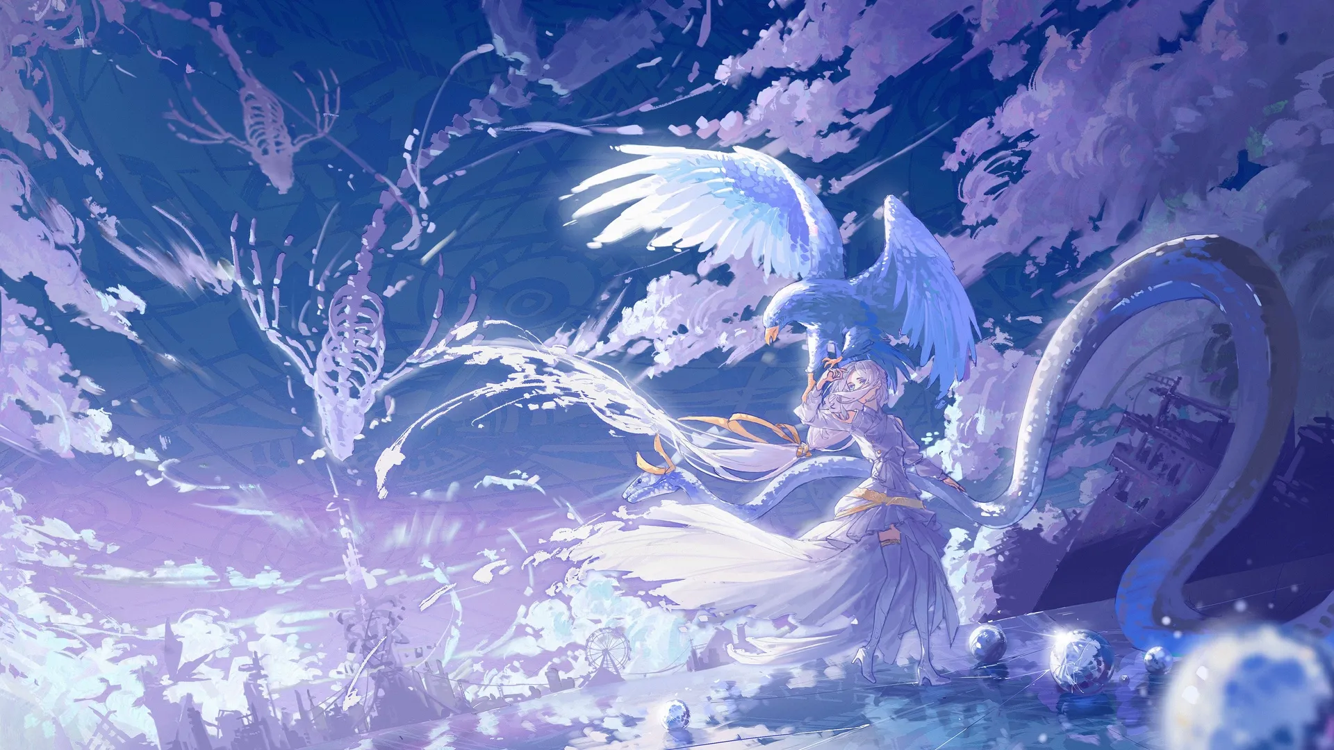 金发 长发 动漫 女孩 云 天空 丝带 鸟 4K壁纸