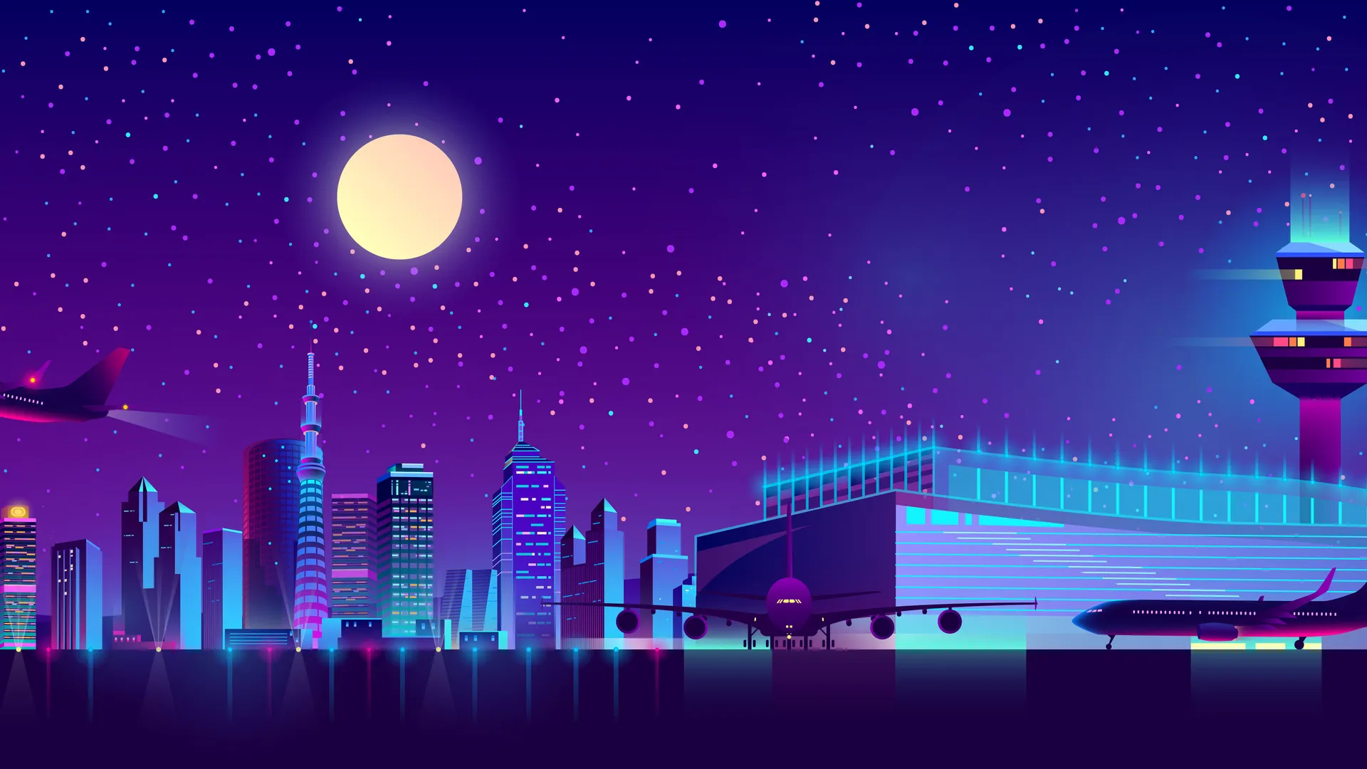 AI艺术 极简主义 蓝色 月亮 月光 星星 城市 景观 机场 摩天大楼 灯光 发光 矢量图形 满月 飞机 4K壁纸