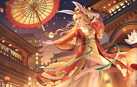 腿 兔子 舞者 游戏 王者荣耀 游戏CG 女孩 古风 金色背景 雨伞 建筑 4K壁纸