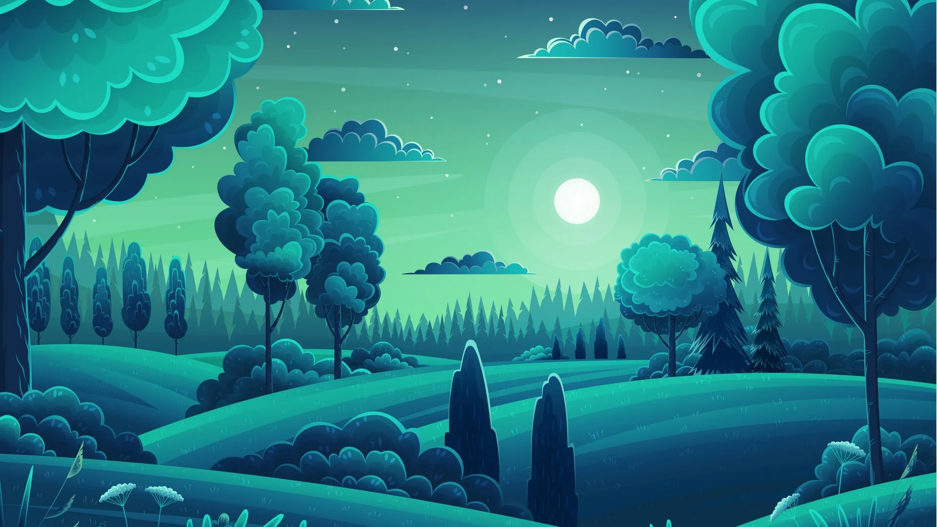图片 矢量 森林 小山 树木 月亮 夜晚 风景 绿色 天空 云 卡通 星星 花 月光 AI艺术 4K壁纸