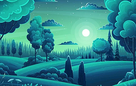 图片 矢量 森林 小山 树木 月亮 夜晚 风景 绿色 天空 云 卡通 星星 花 月光 AI艺术 4K壁纸