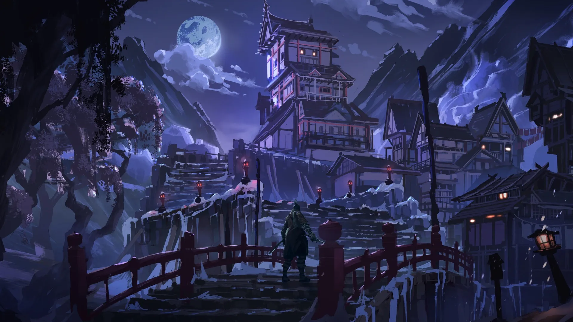 艺术作品 幻想艺术 夜 月亮 桥 4K壁纸